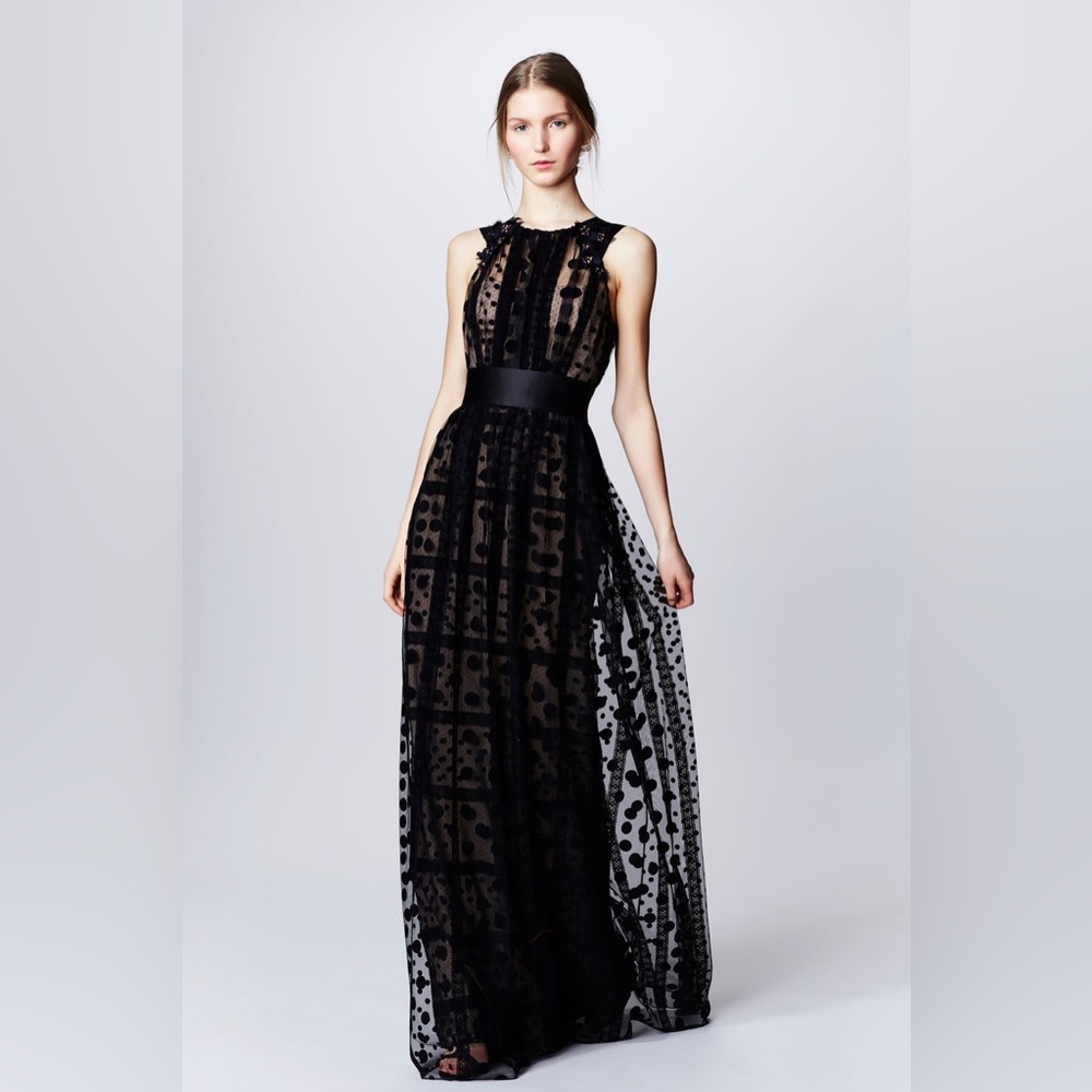 Marchesa Notte Embellished Sheer Panel Gown